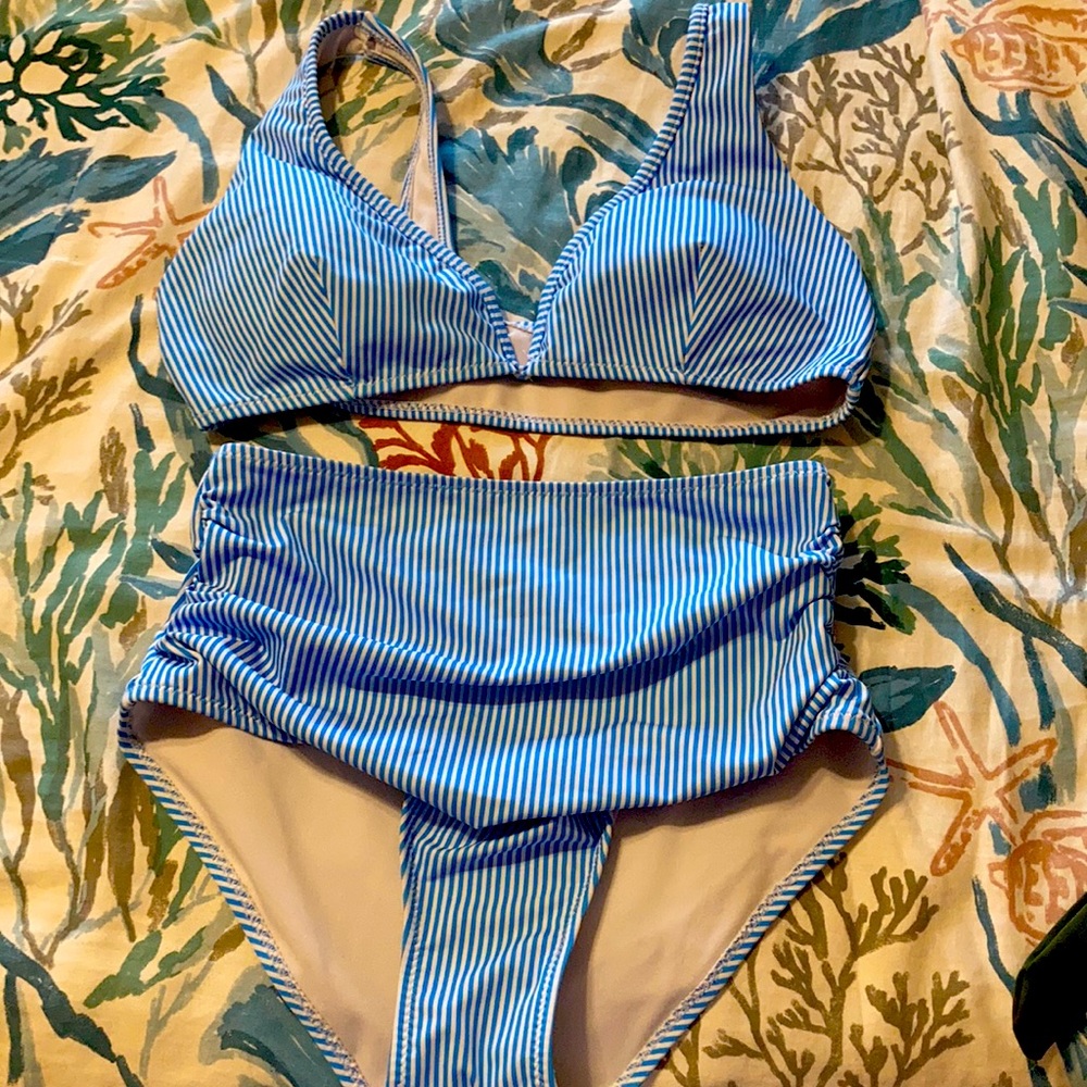 Blue stripe high waist bikini